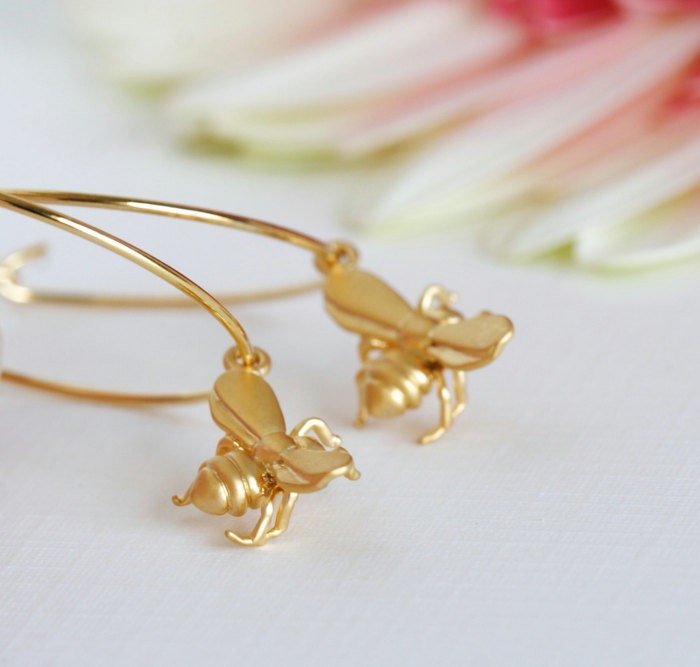 Honey Bee Hoop Earrings - Gold Plated Hoops With Tiny Matte Gold Honey Bee, Bee Earrings, Mothers Day Jewelry